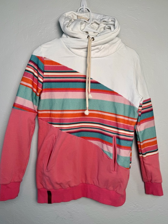 AMPERSAND AVE Tops - AMPERSAND AVE White, Pink & Teal Striped Sweatshirt Hoodie Pullover Size Small